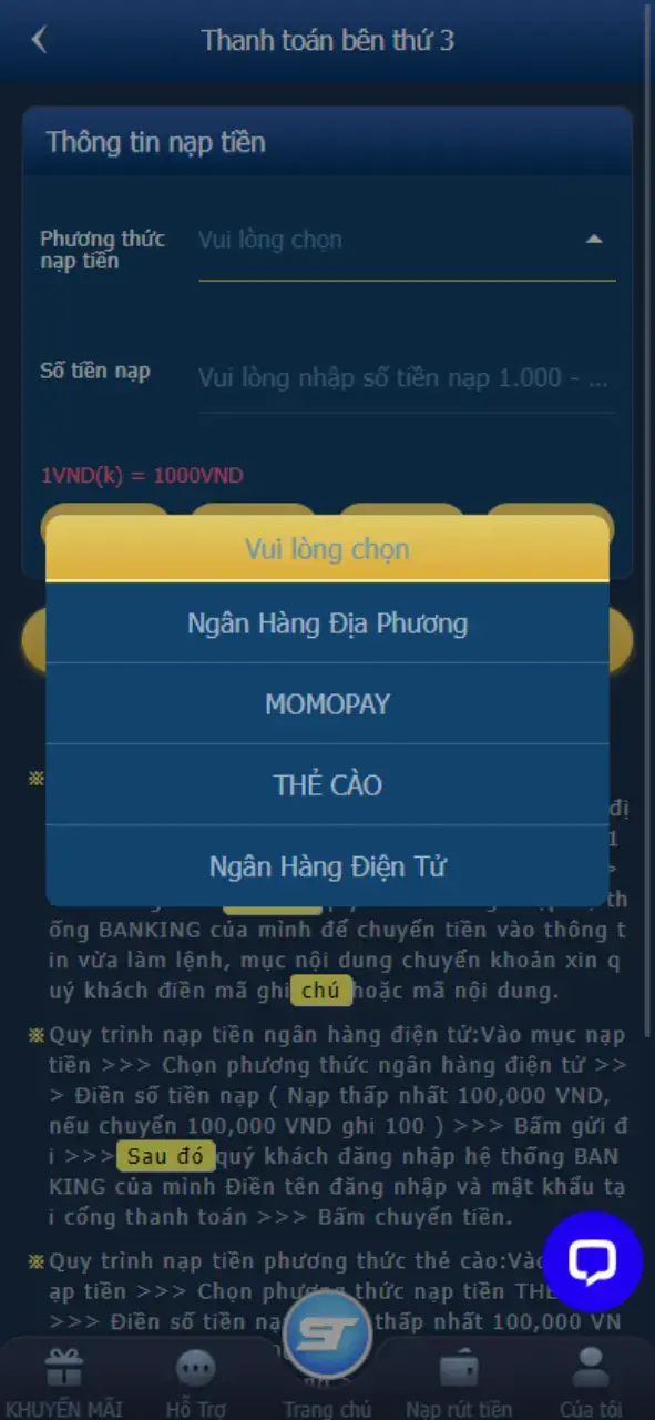 Phương thức nạp tiền ST666