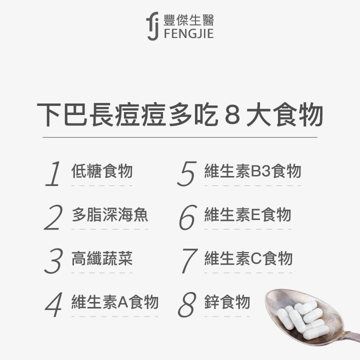 下巴長痘痘多吃8大食物：低糖食物、多脂深海魚  、高纖蔬菜、維生素A食物、維生素B3食物、維生素E食物、維生素C食物、鋅食物