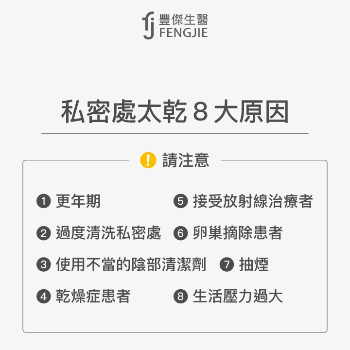 私密處太乾8大原因：更年期、過度清洗私密處、使用不當的陰部清潔劑、乾燥症患者、接受放射線治療者、卵巢摘除患者、抽煙、生活壓力過大