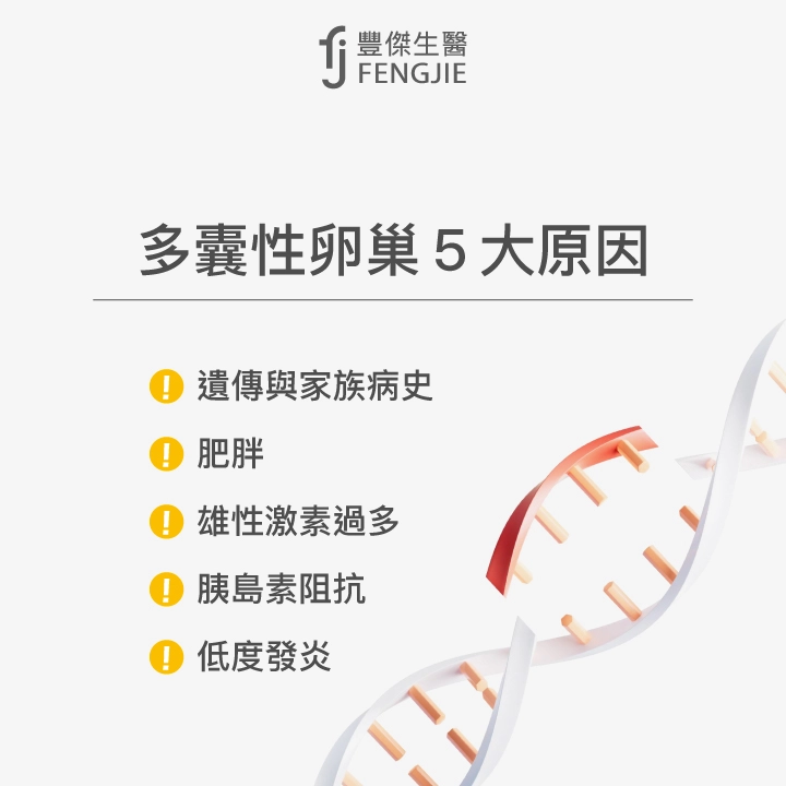 多囊性卵巢5大原因：遺傳與家族病史、肥胖、雄性激素過多、胰島素阻抗、低度發炎