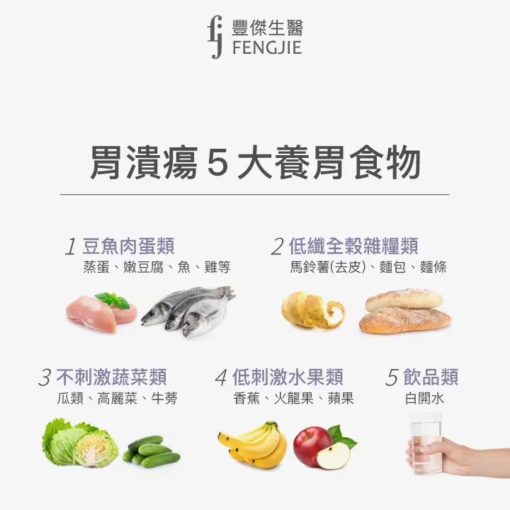 胃潰瘍5大養胃食物：豆魚肉蛋類、低纖的全榖雜糧類、不刺激的蔬菜類、低刺激的水果類、飲品類