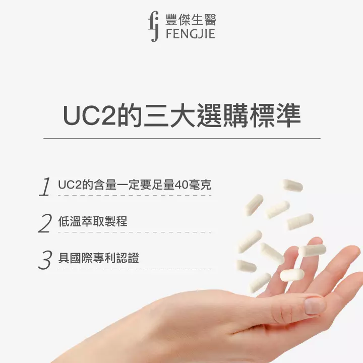 UC2的三大選購標準：UC2的含量一定要足量40毫克、低溫萃取製程、具國際專利認證