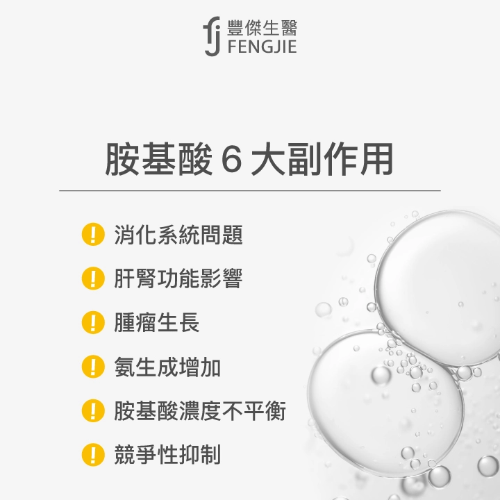 胺基酸6大副作用：消化系統問題、肝腎功能影響、腫瘤生長、氨生成增加、胺基酸濃度不平衡、競爭性抑制