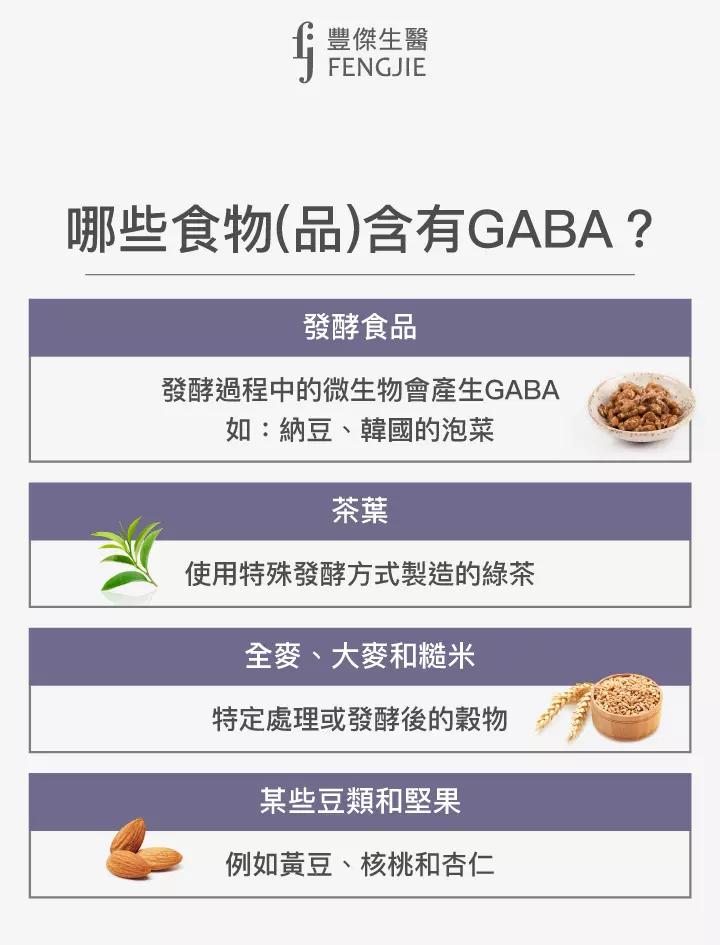 含有GABA的食物(品)：納豆、乳酪和優格、醃製的蔬菜、綠茶、全麥、大麥和糙米、黃豆、核桃和杏仁