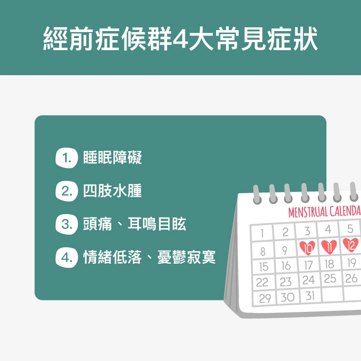 經前症候群4大常見症狀：睡眠障礙、四肢水腫、頭痛、耳鳴目眩、情緒低落、憂鬱寂寞