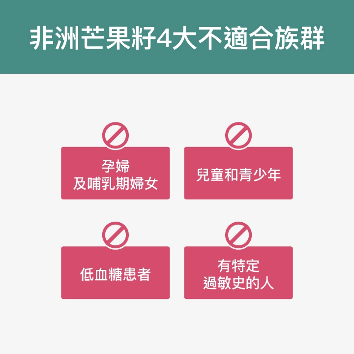 非洲芒果籽4大不適合族群：孕婦及哺乳期婦女、兒童和青少年、低血糖患者、有特定過敏史的人