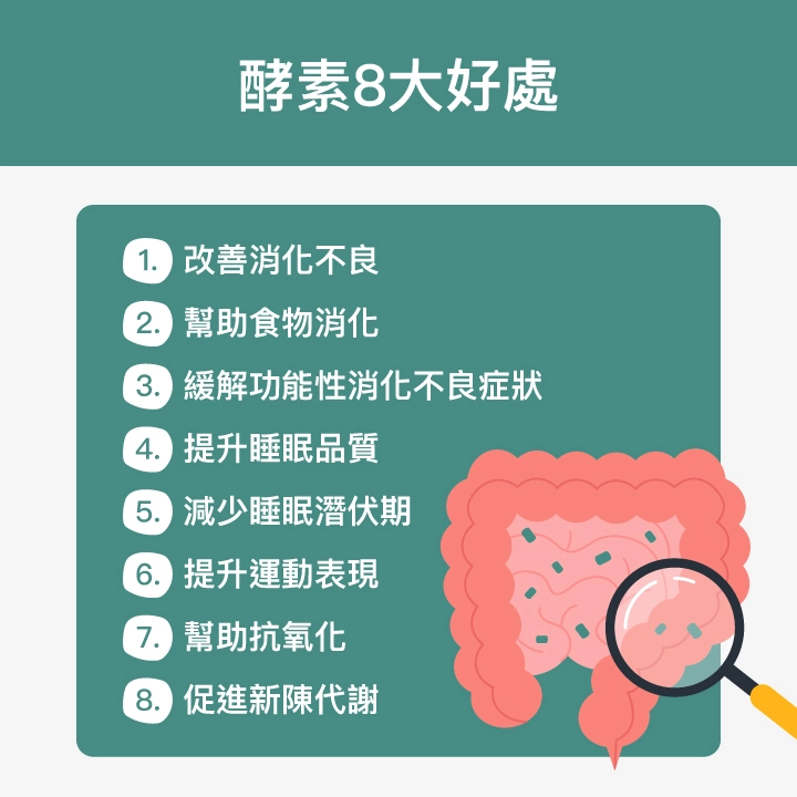 酵素8大好處：改善消化不良、幫助食物消化、緩解功能性消化不良症狀、提升睡眠品質、減少睡眠潛伏期、提升運動表現、幫助抗氧化、促進新陳代謝