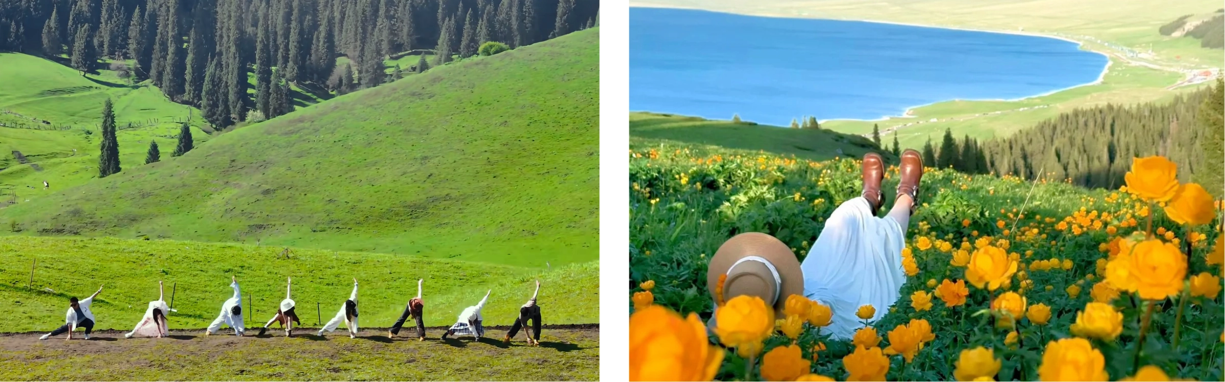 旱地拔蔥無人機拍攝(左) 賽里木湖旅拍(右)