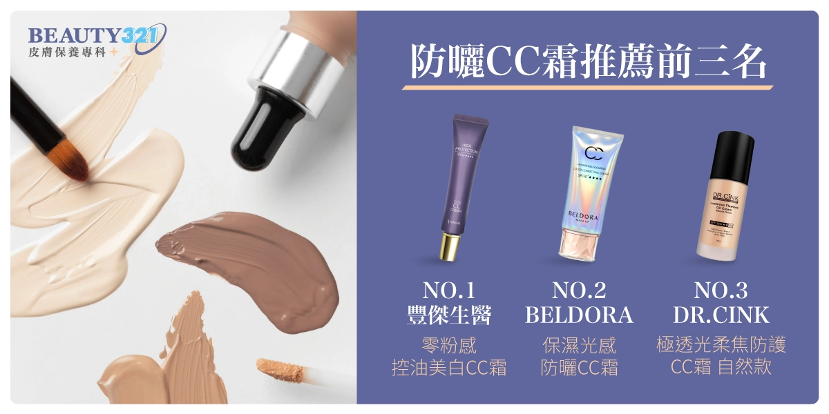 防曬CC霜推薦前三名：豐傑生醫【零粉感控油美白CC霜】、BELDORA蓓朵娜【保濕光感防曬CC霜】、DR.CINK達特聖克【極透光柔焦防護CC霜 自然款】