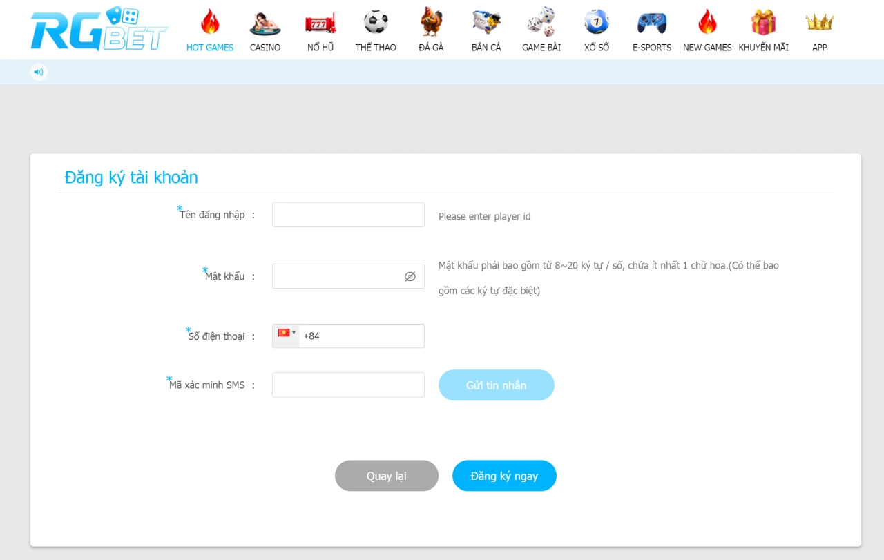 Các bước đăng ký tài khoản Rgbet