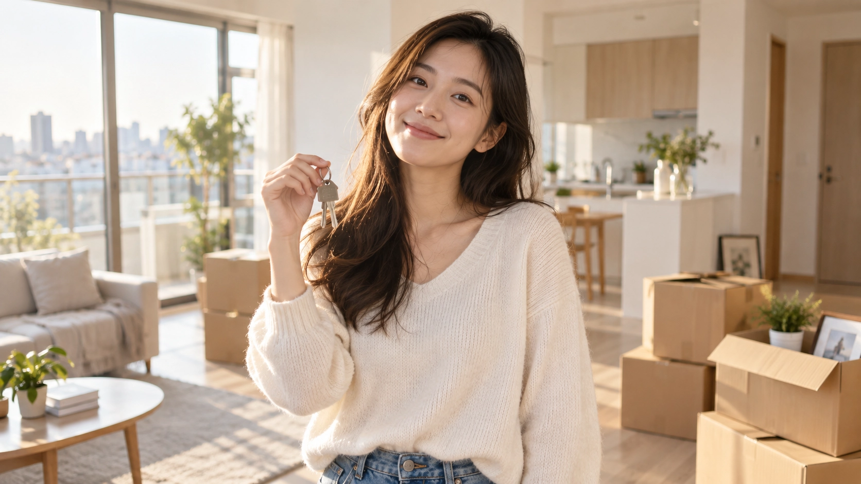 在新家拿著鑰匙的年輕女性