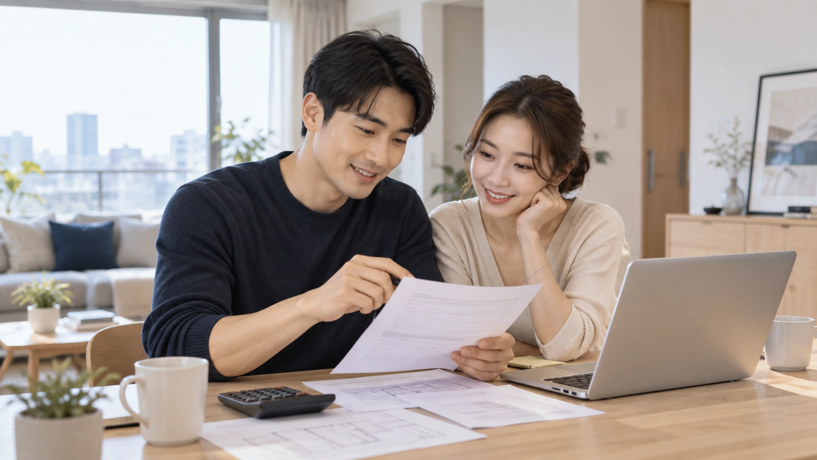 年輕夫妻在家中一起討論房貸與寬限期
